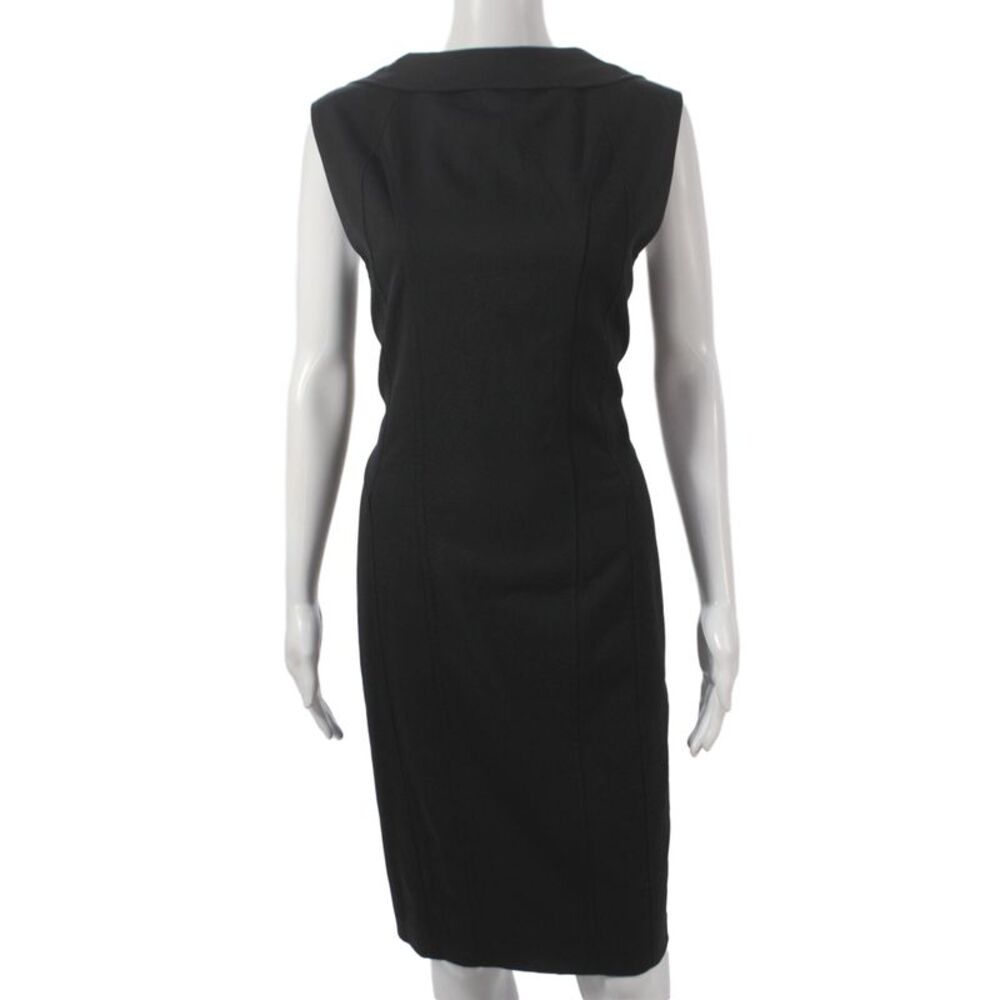 Tahari Womens Black Sheath Dress Boat Neck Sleeveless Zip Knee Length Size 14